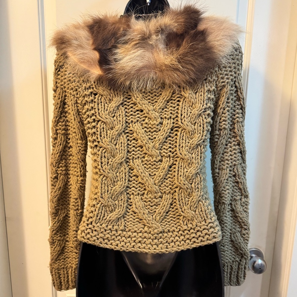 LOVE SEX MONEY Italy Vintage Chunky Cable Knit Cardigan Detachable Fur Collar-XS - Picture 5 of 10
